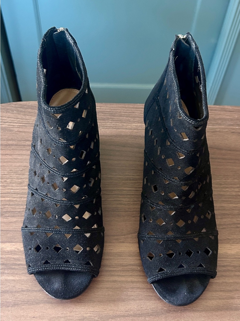 MICHAEL Michael Kors Uma Black Suede Laser-Cut Peep-Toe Booties Size 10M/41